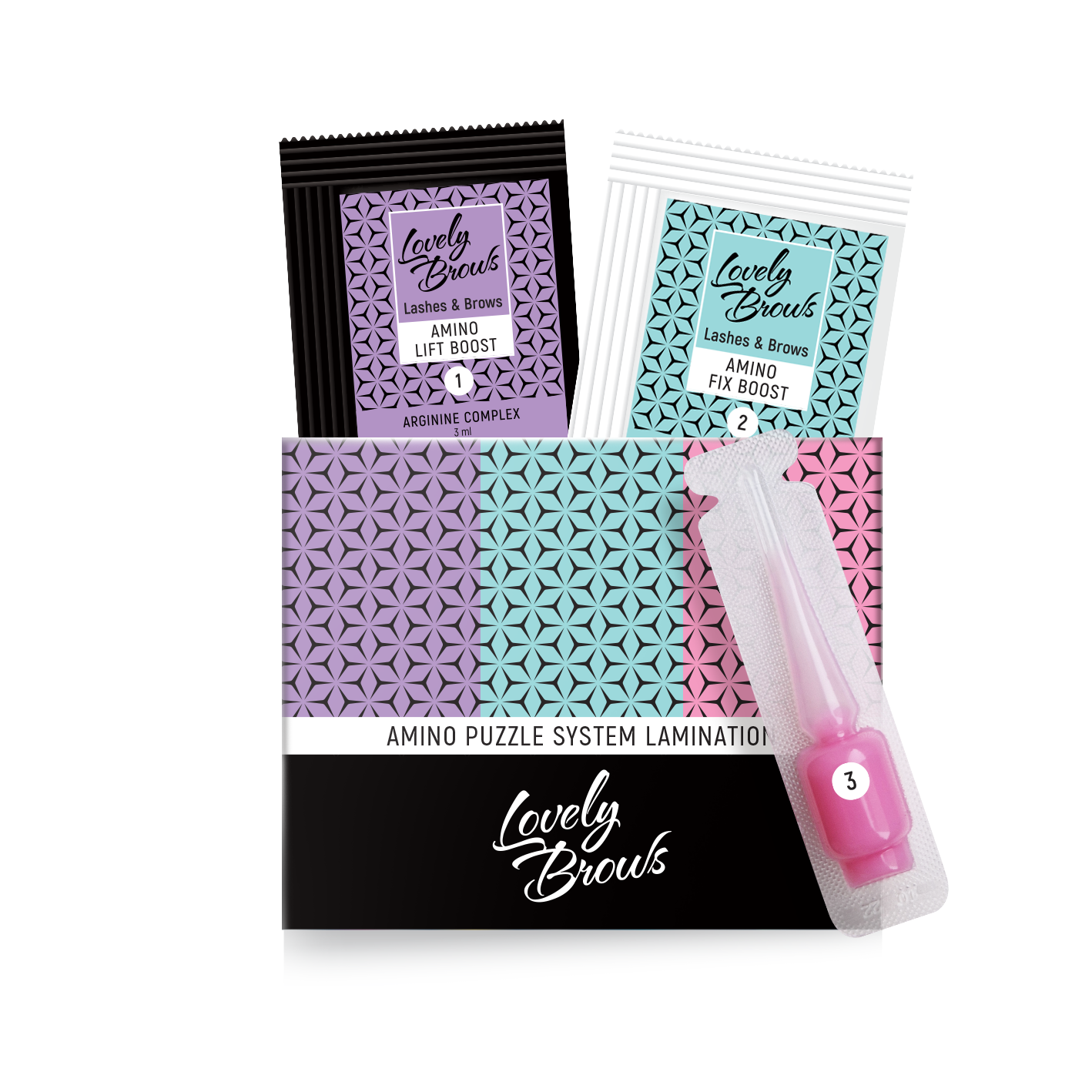 Набір для ламінування вій та брів  MINI set “Amino Puzzl (Step 1 та Step 2 в саше, Step 3 в ампулі)¶